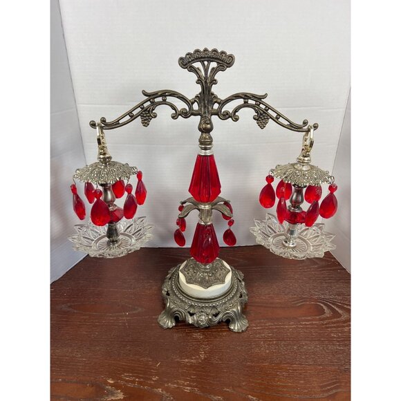Vintage Ornate Justice Scale With Red Crystal Accents & Glass Dishes - Picture 1 of 6
